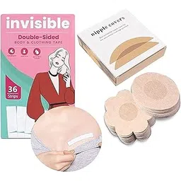 aruzen Nipple Covers Stick 10 Breathable Nipple Pasties, No Show Bra for Women, Skin Friendly, Disposable with Double Sided Tape for Fashion,Transparent(Sticker-36 Strip & 10Pcs Nipple Covers Cotton) Cream-picture-53