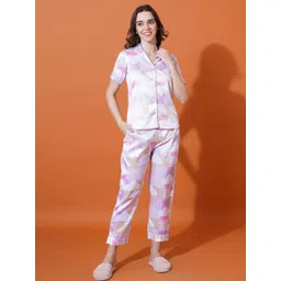 ARV TRENDS Women Lavender & Pink Cloud Printed Lapel Collar Satin Shirt & Pyjama Suit-picture-11