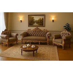 ARVISH ENTERPRISES Elegant Antique Sofa Set in a Classic Living Room Setting Solid Teak Wooden Five Seater Sofa Set with Cushion for Living Room | Honey Brown Finish | 208D x 76W x 119H Centimeters-image-2
