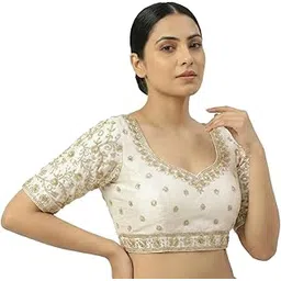 arya enterprise Readymade Blouse for Women Golden Zari Embroidery Work Stitched Choli Back Hook Round Neck Half Sleeve Designer for Weddings & Festivals-picture-13