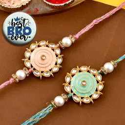 Ascension Set of 2 Flower Rakhi Combo For Brother Bhaiya Bhabhi Sister Raksha Bandhan Gift Band Moli Bracelet Stone Rakhi for Bhai Rakhi with Roli Tilak image 1