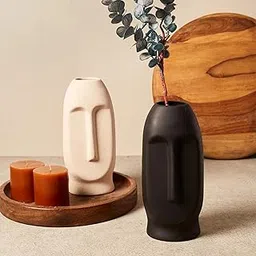 Ascension Set of 2 Abstract Face Ceramic Vases Modern Black & Beige Flower Pot Different Design Flower Vase for Table Corner Gift Diwali Living Room Home & Office Décor Only Vase Not Flowers-picture-12