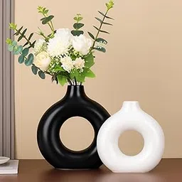 Ascension Set of 2 Modern Round Hollow Ceramic Vases Black & White Flower Pot Different Design Flower Vase for Table Corner Gift Diwali Living Room Home & Office Décor Only Vase Not Flowers-picture-41