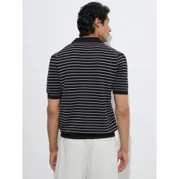 Ascot by Westside Black Striped Relaxed-Fit Cotton-Blend Polo T-Shirt image 2