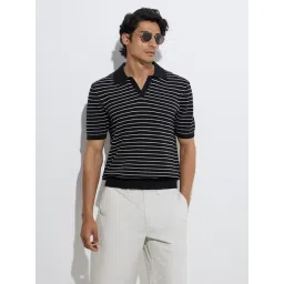 Ascot by Westside Black Striped Relaxed-Fit Cotton-Blend Polo T-Shirt image 1