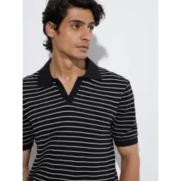 Ascot by Westside Black Striped Relaxed-Fit Cotton-Blend Polo T-Shirt image 4