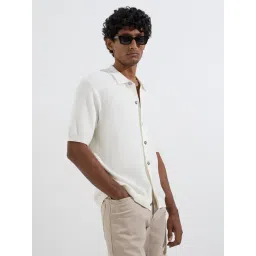 Ascot by Westside Ivory Knit-Textured Relaxed-Fit Cotton-Blend Shirt-picture-15