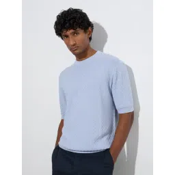 Ascot by Westside Light Blue Textured Relaxed-Fit Cotton-Blend T-Shirt-picture-26