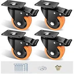 ASHGOOB 3" Caster Wheels Set of 4, Heavy Duty Casters with Brake, No Noise Locking Casters with Orange Polyurethane (PU) Wheels, Swivel Plate Castors Pack of 4-picture-10