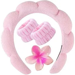 4 in 1 Set Sponge Terry Cloth Soft Puffy Spa Skincare Makeup Headband,Wrist Band and Claw Clip for Face Wash Skin Care Microfiber Wrist Band Hair Accessories for Women Girls (Pink)-image-25