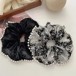 ashkash 2pcs Oversized Princess Style Floral Print Hair Scrunchies - Elegant Black & White Pearl-Embellished Hair Ties for Women, Soft Tulle & Durable Faux Imitation Pearl Hair Accessories for Women-picture-39