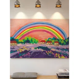 ASIAN MONK Multicoloured Wood Rainbow On Orange Landscape Wall Paintings-picture-24