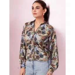 ASILYN Print Women Mandarin Collar Satin Shirt Style Top-picture-14