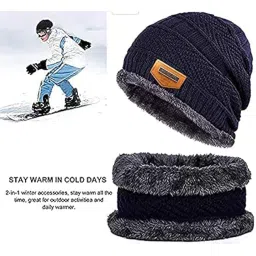 asiora Unisex Winter Cap with Neck Warmer Set, Thick Fleece Lined Beanie Hat, Snow Proof Knit Wool Thermal Headwear for Men & Women (Inside Fur, Free Size) image 3