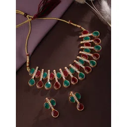 ASMITTA JEWELLERY 22KT Gold Plated Ruby & Emerald Stone Studded & Beaded Jewellery Set-picture-16
