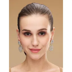 ASMITTA JEWELLERY Gold-Plated Dual Toned AD & CZ Studded Oval Shaped Drop Earrings image 2