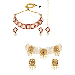 ASMITTA JEWELLERY Set of 2 Gold Plated Stones Studded & Beaded Choker Jewellery Set-picture-14