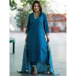 ASPORA Women Bandhani Embroidered Empire Thread Work Kurta with Trousers & With Dupatta-image-11