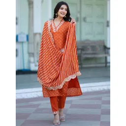 ASPORA Women Bandhani Printed Empire Thread Work Kurta with Trousers & With Dupatta-image-8