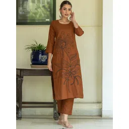 ASPORA Women Floral Embroidered Regular Thread Work Pure Cotton Kurta with Trousers-picture-40