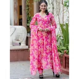 ASPORA Women Floral Printed Angrakha Kurta with Trousers & With Dupatta-image-42