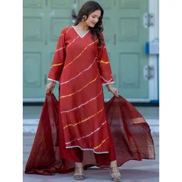 ASPORA Women Leheriya Dyed Regular Pure Silk Kurta with Trousers & With Dupatta-image-41