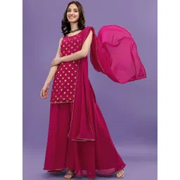 ASPORA Women Pink Printed Sequinned Silk Georgette Kurti with Sharara & With Dupatta-image-7