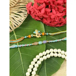 Asthetika Set of 2 Stones Studded And Beaded Ganesha Thread Rakhis With Roli Chawal-picture-18