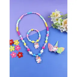 Asthetika Kids Girls Unicorn Beaded Necklace Bracelet Hair Clip Jewellery Set-picture-10