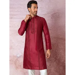 ASUKA Men Floral Embroidered Regular Chanderi Silk Kurta with Trousers-picture-36