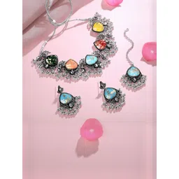 Atasi International Rhodium-Plated American Diamond Studded Oxidised Necklace And Earrings-picture-14