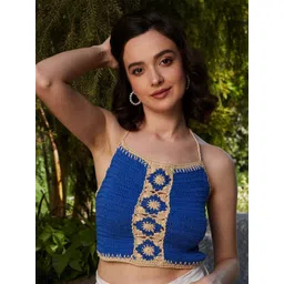 Athena Blue Self Design Halter Neck Cotton Crochet Crop Fitted Top-picture-12