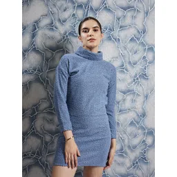 Athena Blue Self Design Turtle Neck Sheath Dress image 1