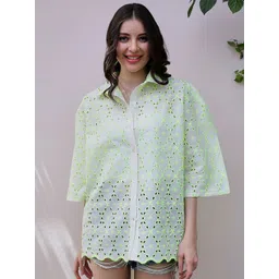 Athena Floral Print Flared Sleeve Semi Sheer Cotton Schiffli Shirt Style Top-picture-33