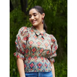 Athena Green & Rust Geometric Print Peplum Top-picture-39