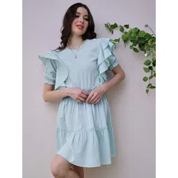 Athena Green Self Design Round Neck Puff Sleeve Ruffled Seersucker Fit & Flare Dress-picture-21