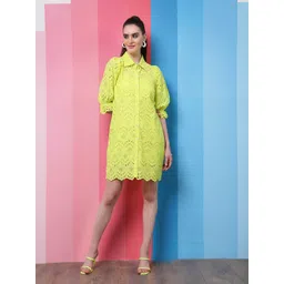 Athena Green Self Design Shirt Collar Puff Sleeves Schiffli A-Line Dress-picture-10