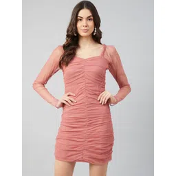 Athena Pink Net Ruched Net Bodycon Dress-picture-23