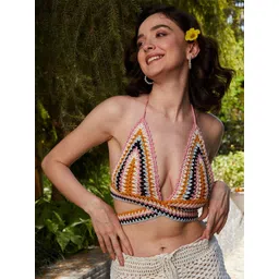 Athena Pink Self Design Halter Neck Cotton Crochet Bralette Top-picture-24