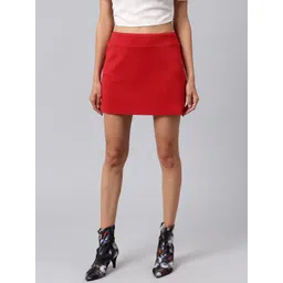 Athena Red Straight Solid Mini Skirt-picture-39