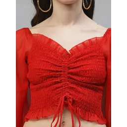 Athena Red Sweetheart Neck Puff Sleeves Georgette Crop Top image 2