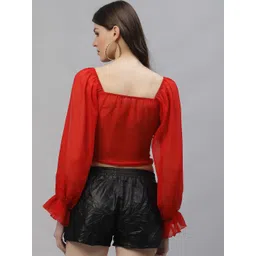 Athena Red Sweetheart Neck Puff Sleeves Georgette Crop Top image 4