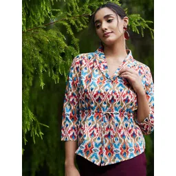 Athena Women Beige & Blue Print Top-picture-21