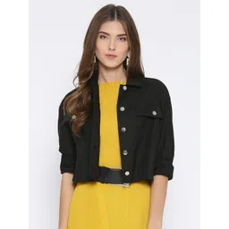 Athena Women Black Solid Cropped Denim Jacket-picture-25