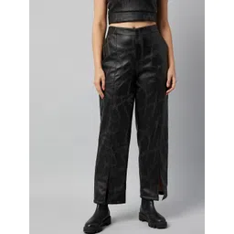 Athena Women Black Textured Smart Leather Non Iron Trousers-picture-18