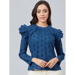 Athena Women Blue Self Design Schiffli Pure Cotton Top-picture-27