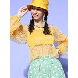 Athena Women Bright Yellow Self-Design Dobby Weave Top-picture-40