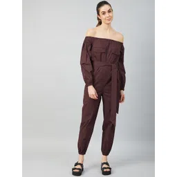 Athena Women Brown Solid Cotton Jumpsuit-picture-15