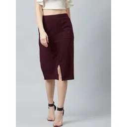 Athena Women Burgundy Solid Pencil Midi Skirt-picture-34