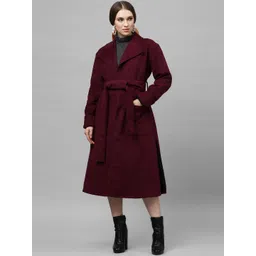 Athena Women Burgundy Solid Woolen Longline Overcoat-picture-10